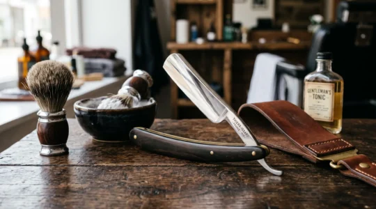 Rasoir coupe-choux traditionnel ouvert posé sur une surface en bois sombre avec des accessoires de rasage classiques